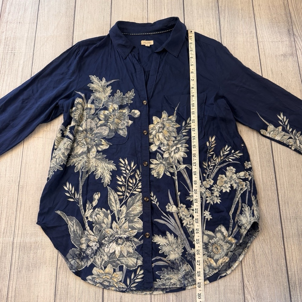 Anthropologie Pilcro Navy Blue Floral Modal Button Down Shirt Medium Semi-Sheer - Picture 7 of 12